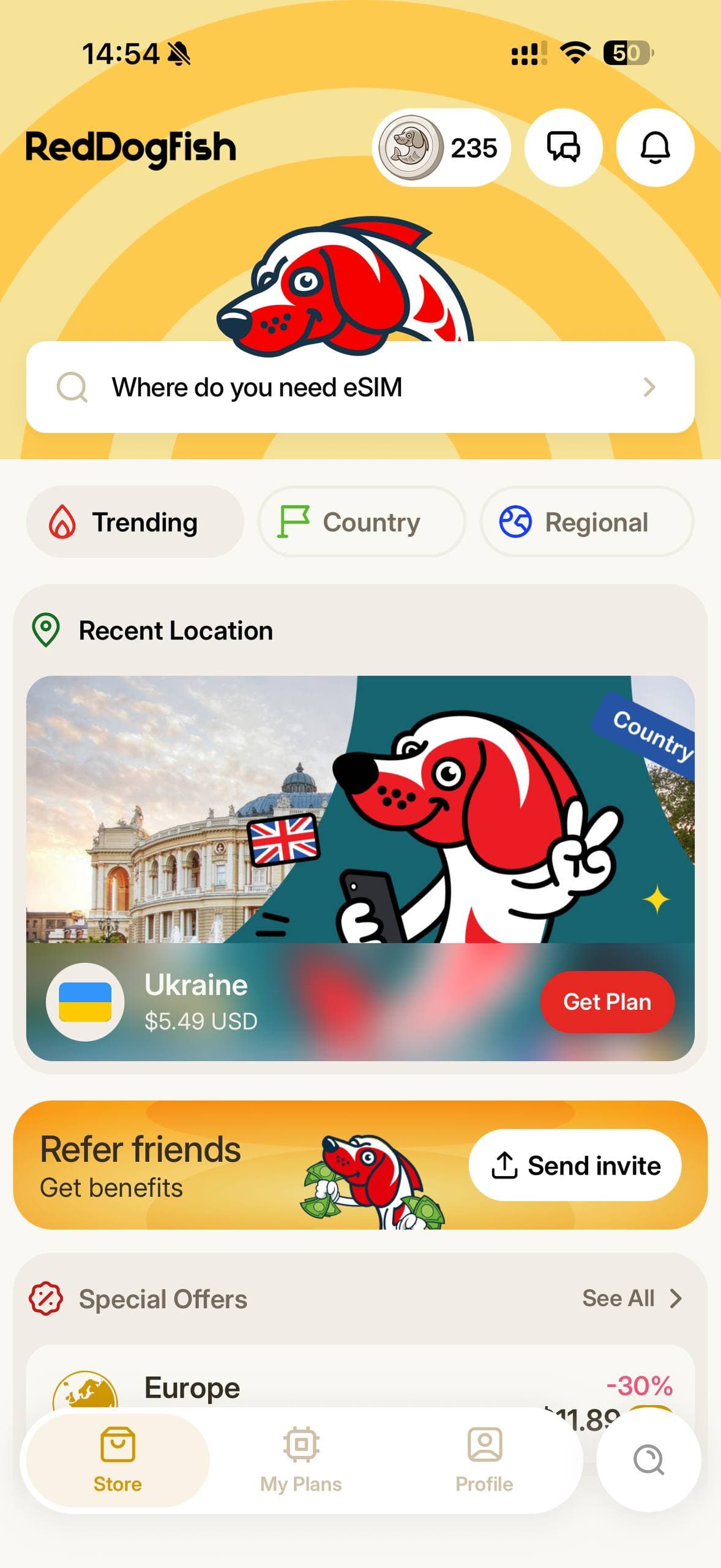 RedDogFish mobile app destination and plan discovery screen